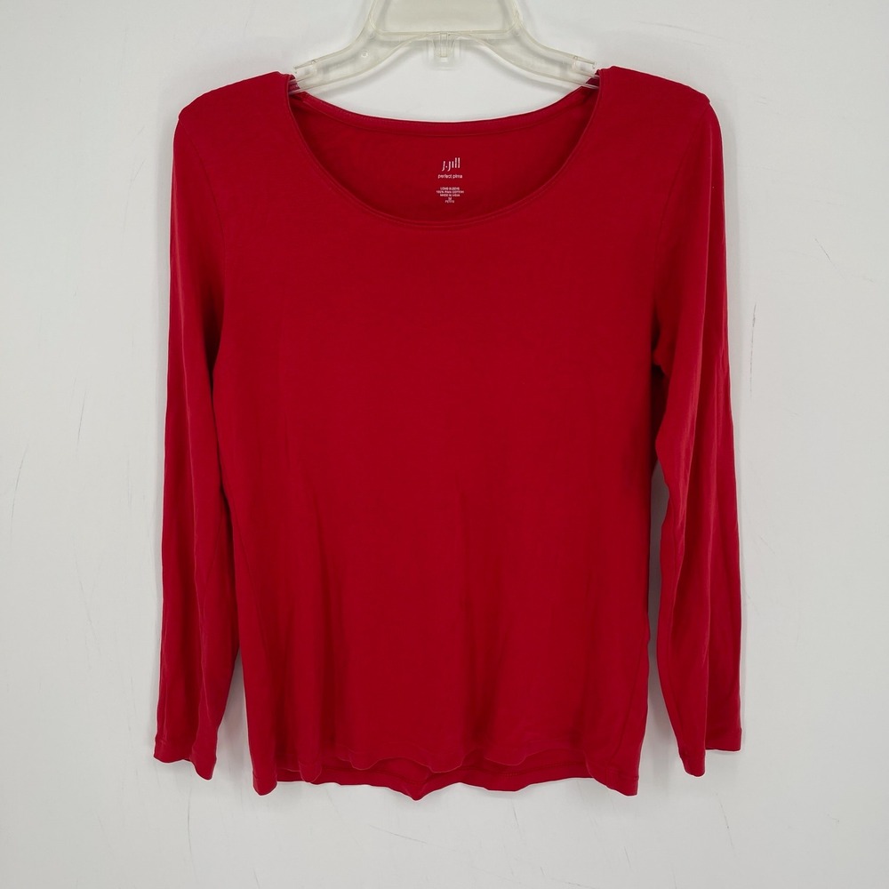 J. Jill Women's Red Scoop Neck Perfect Pima Cotton Long Sleeve Top Tee Size MP